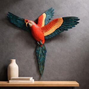 Hand Painted Parrot Bird 3D Wall Figurine Decoration Red & Blue Resin 15" X 11”